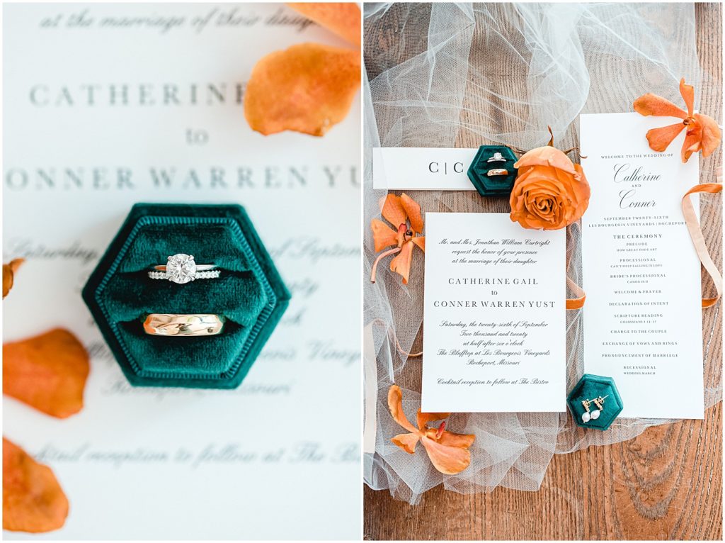 Emerald and orange wedding invitation flat lay and detail shot of rings in emerald ring box