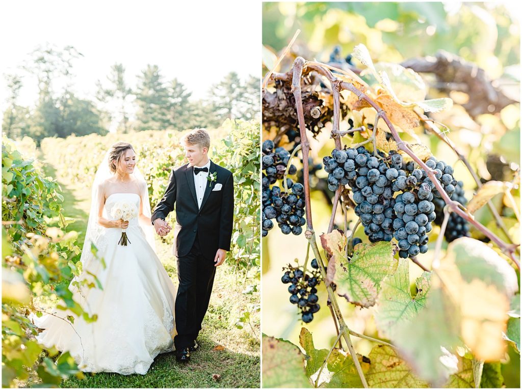 bride and groom walking in the vineyards of les bourgeois winery in rocheport, mo on wedding day