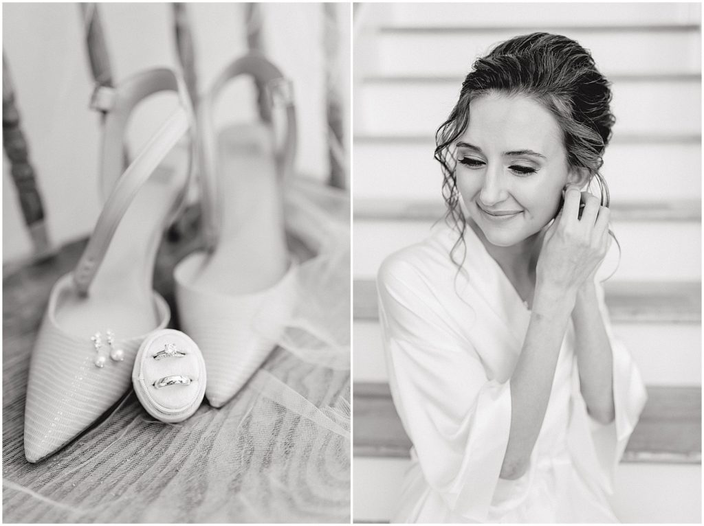 black and white image of bride putting earrings on and bridal details of shoes and rings