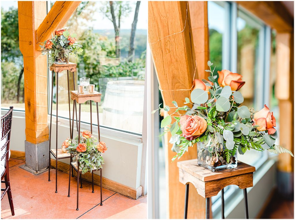 floral details with rust colored roses during wedding reception at bistro at les bourgeois winery