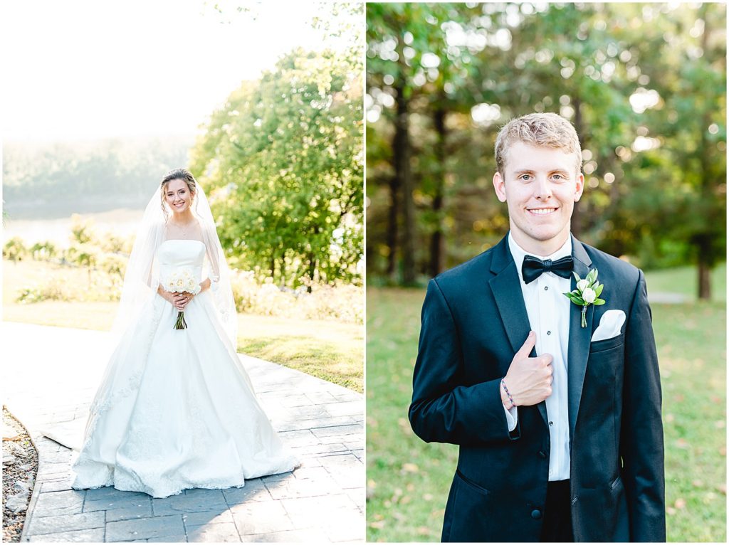 side by side bride and groom portraits during wedding day at les bourgeois winery