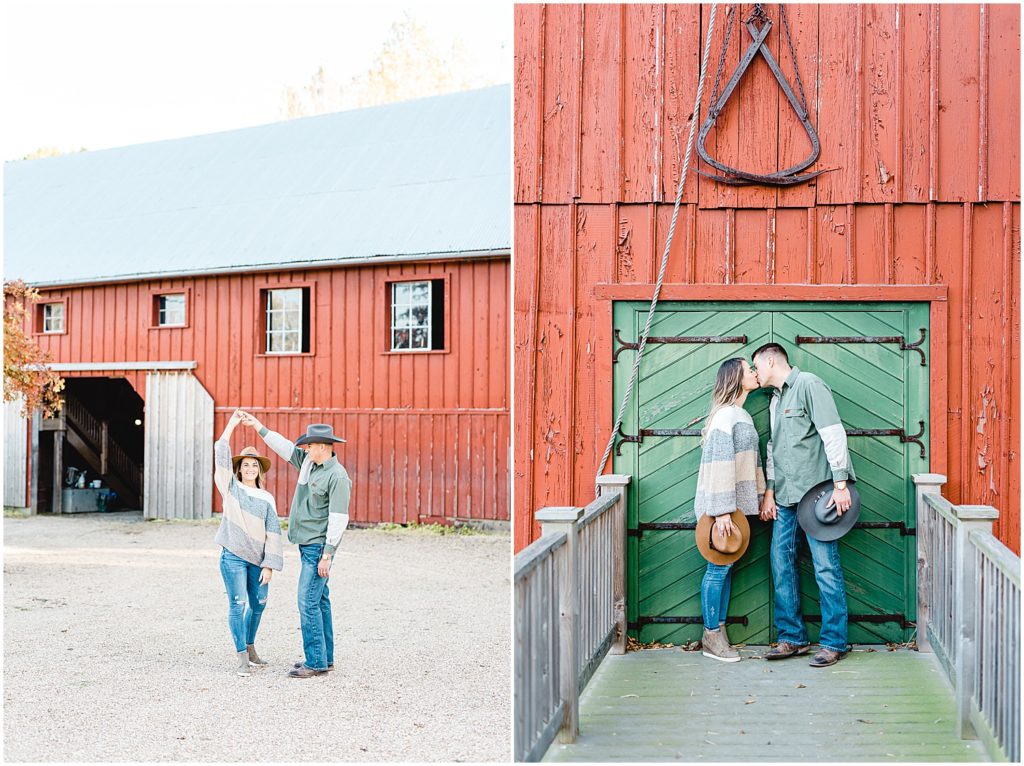 couple dances and kisses in front of red barn with green door at Hermann Farm