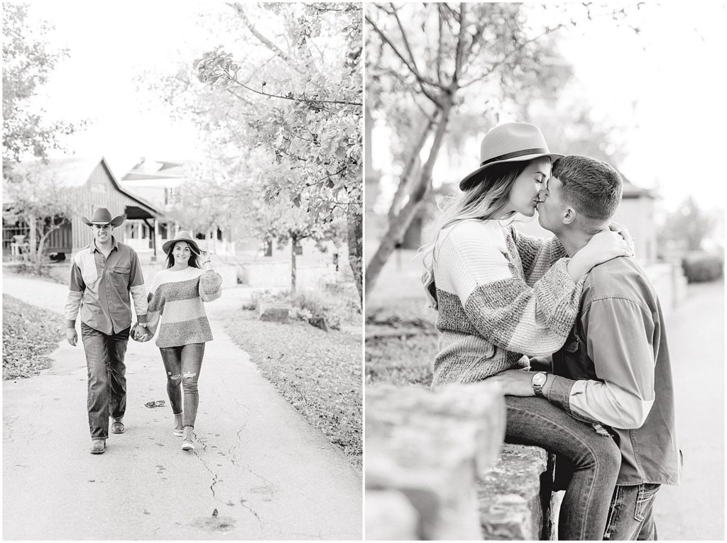 black and white images of couple kissing during engagement pictures in missouri