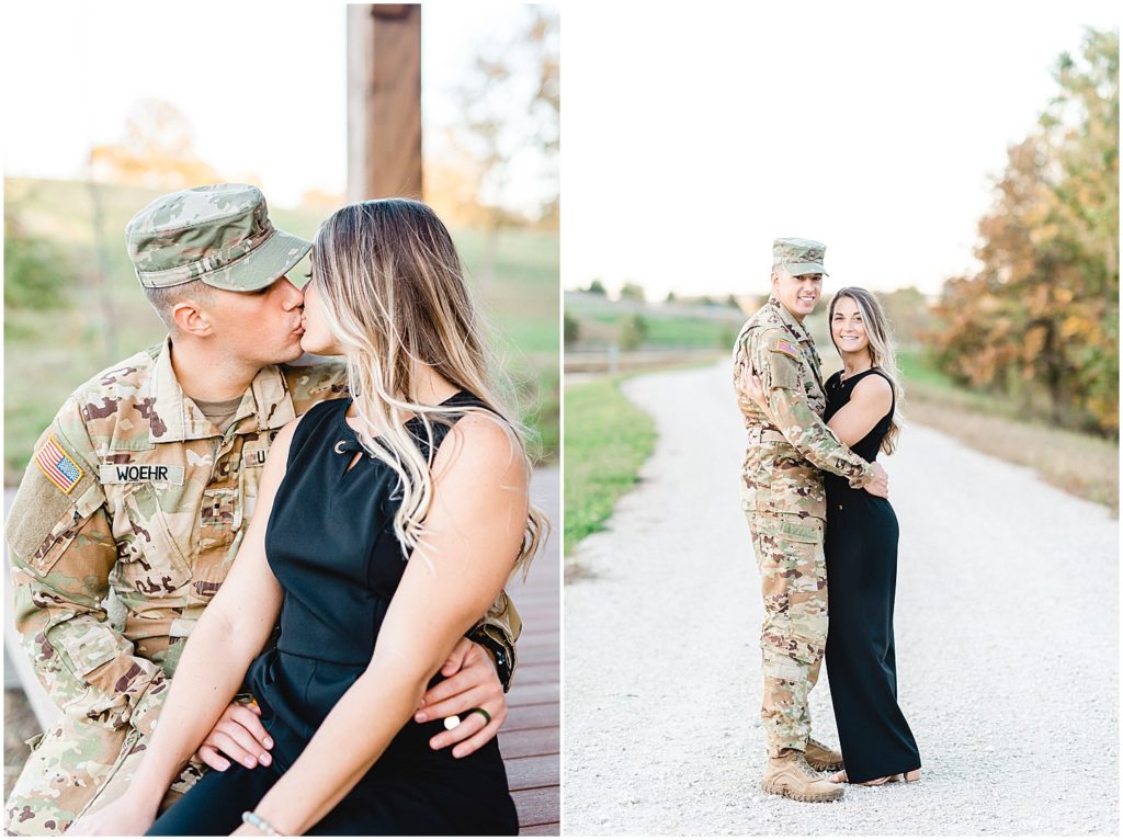 couple poses on gravel drive for engagement session in army attire