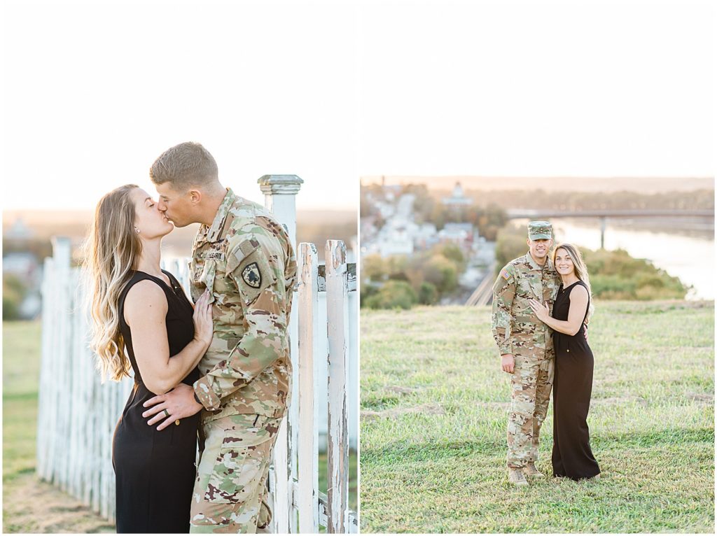 couple kisses on top of the hill at Hermann Farm during engagement photos
