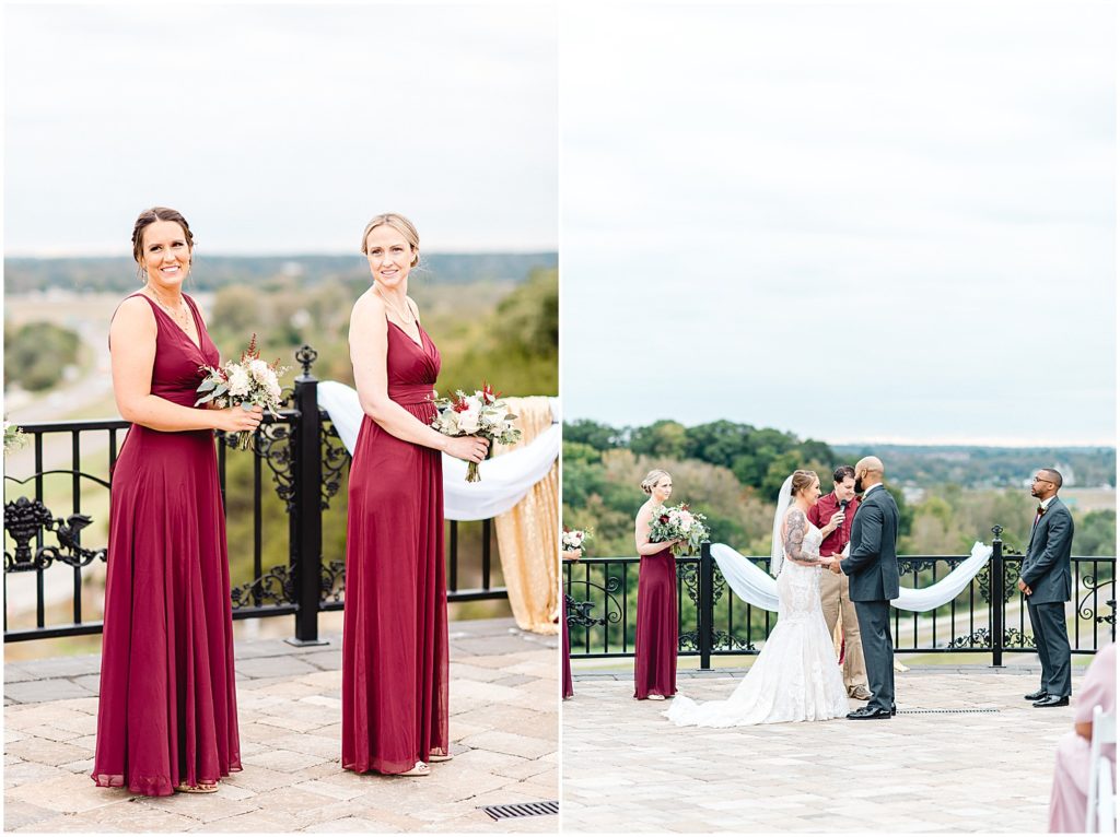 bridesmaids in maroon gowns next to bride and groom at patio wedding ceremony