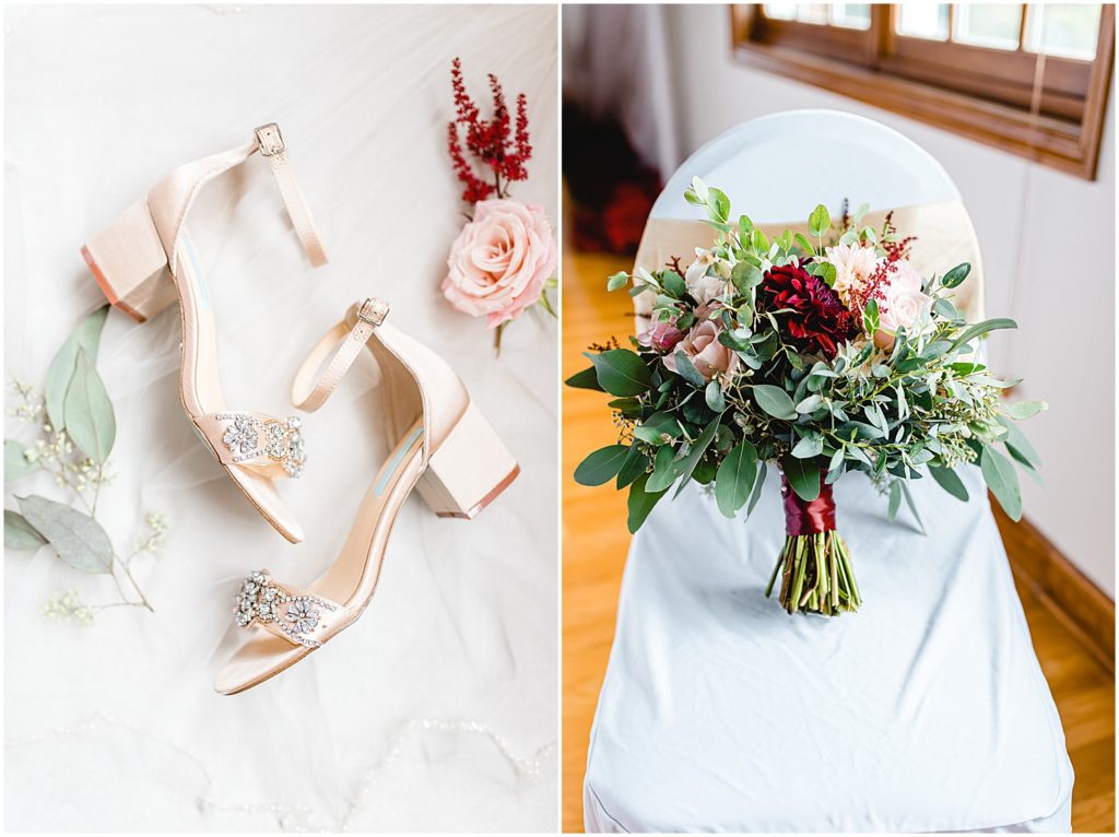 bridal details of gold shoes and bouquet with pink and maroon flowers.