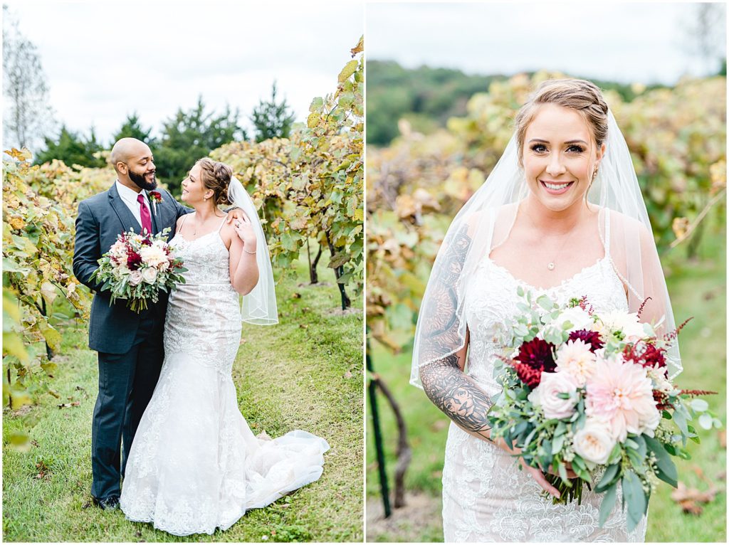bride and groom portraits in vineyard at Canterbury hill winery wedding