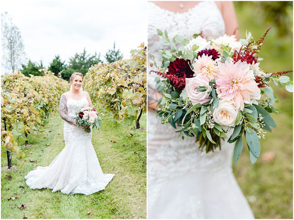 images of bride in grapevines and detail of bridal bouquet at Canterbury hill winery
