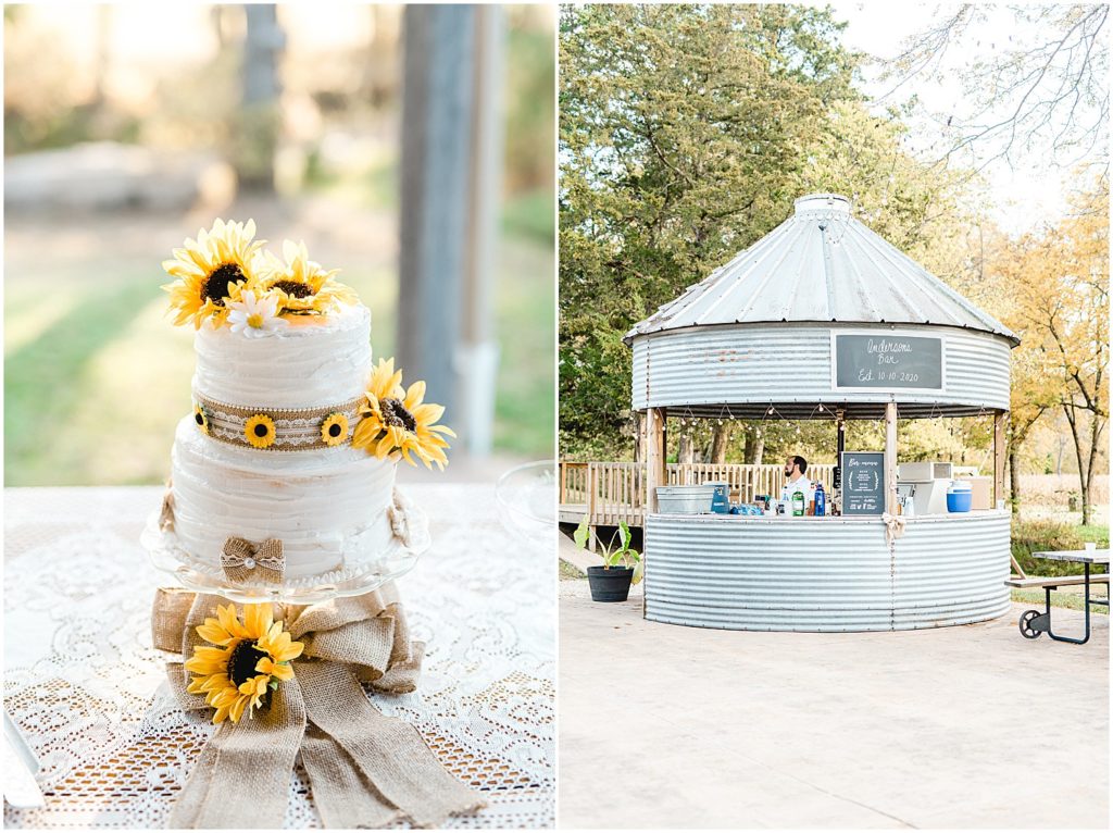 cake featuring burlap and sunflowers sits on a table at reception at kempker's back 40