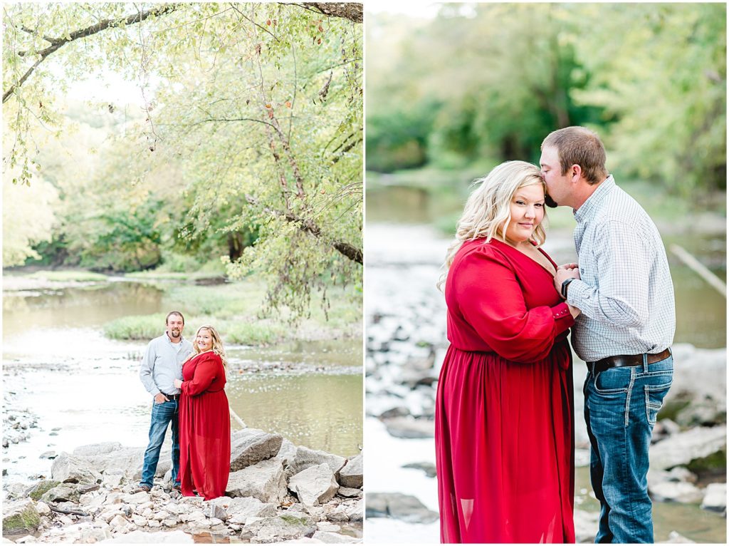 Couple poses for pictures in creek bed in Northeast Missouri for engagement pictures.