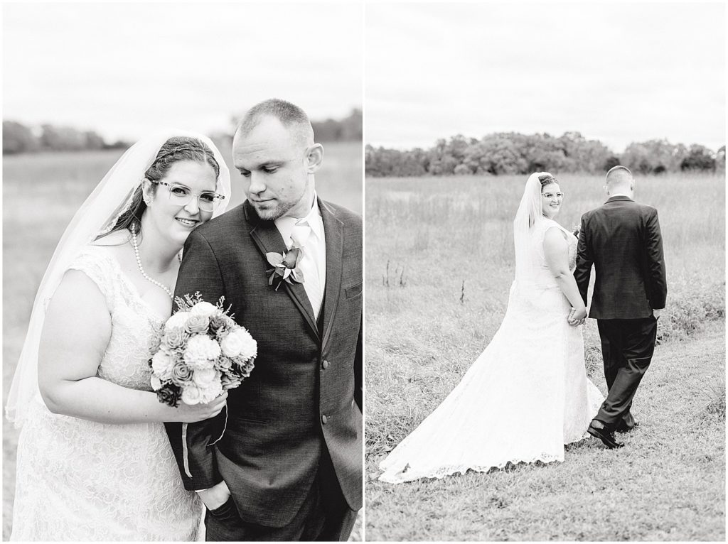 black and white image of bride and groom portraits on wedding day in grassy field