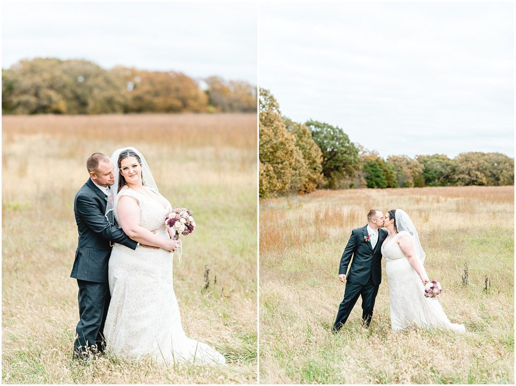 bride and groom portraits in grassy field at wildflower in Eugene, mo