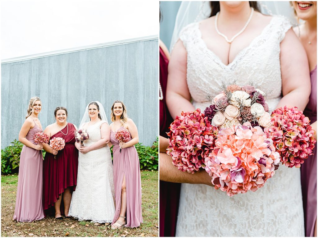 bride and bridesmaids pose for pictures with bright pink artificial hydrangea bouquets