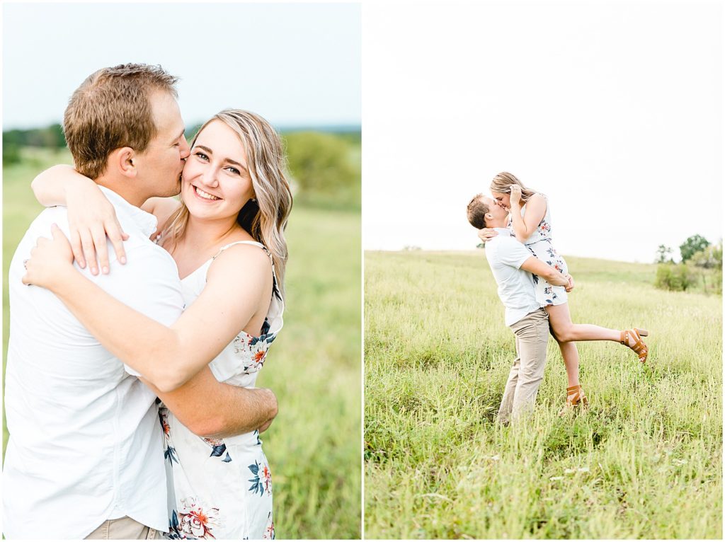 couple stands and kisses in grassy field on family farm in westphalia, mo