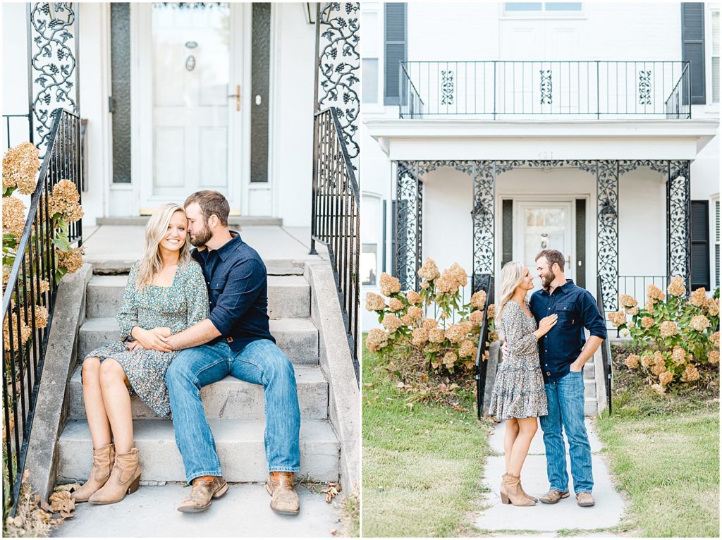couple sits on stairs in front of church house for fall engagement session in missouri