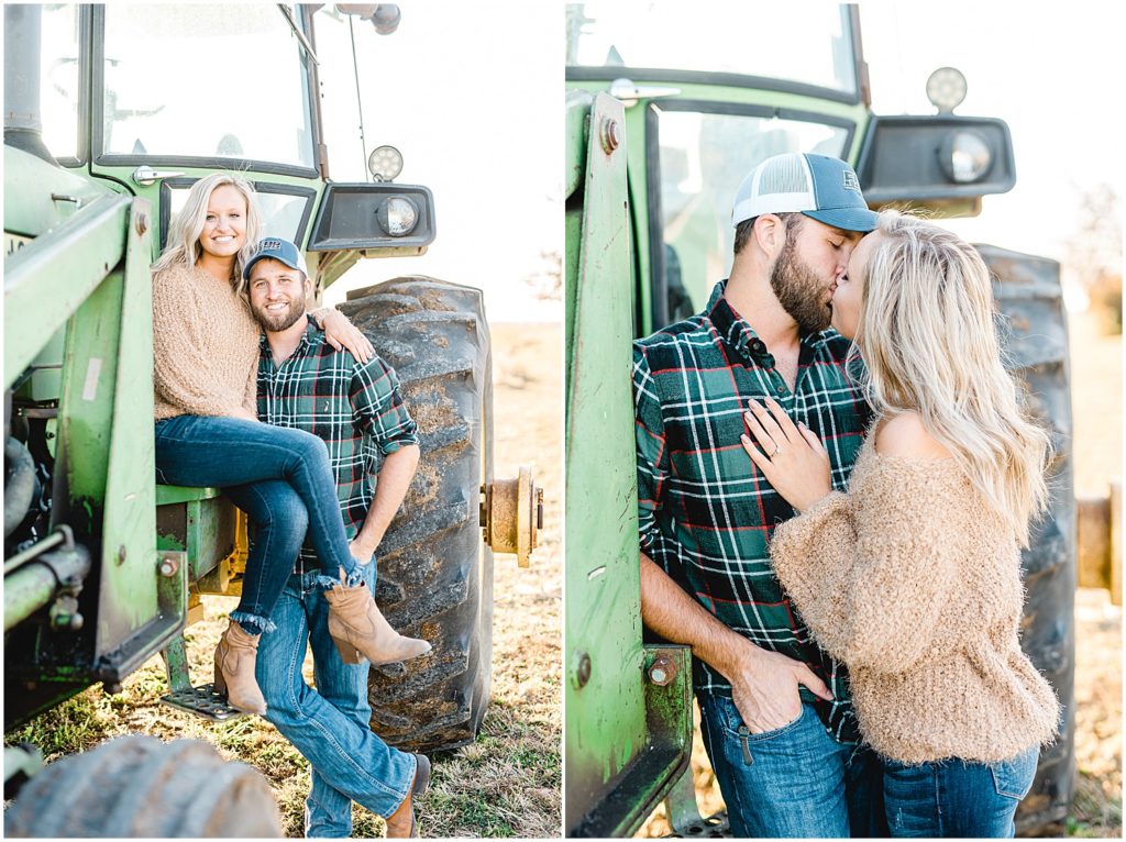 couple kisses and smiles at the camera on green tractor during Missouri farm engagement session
