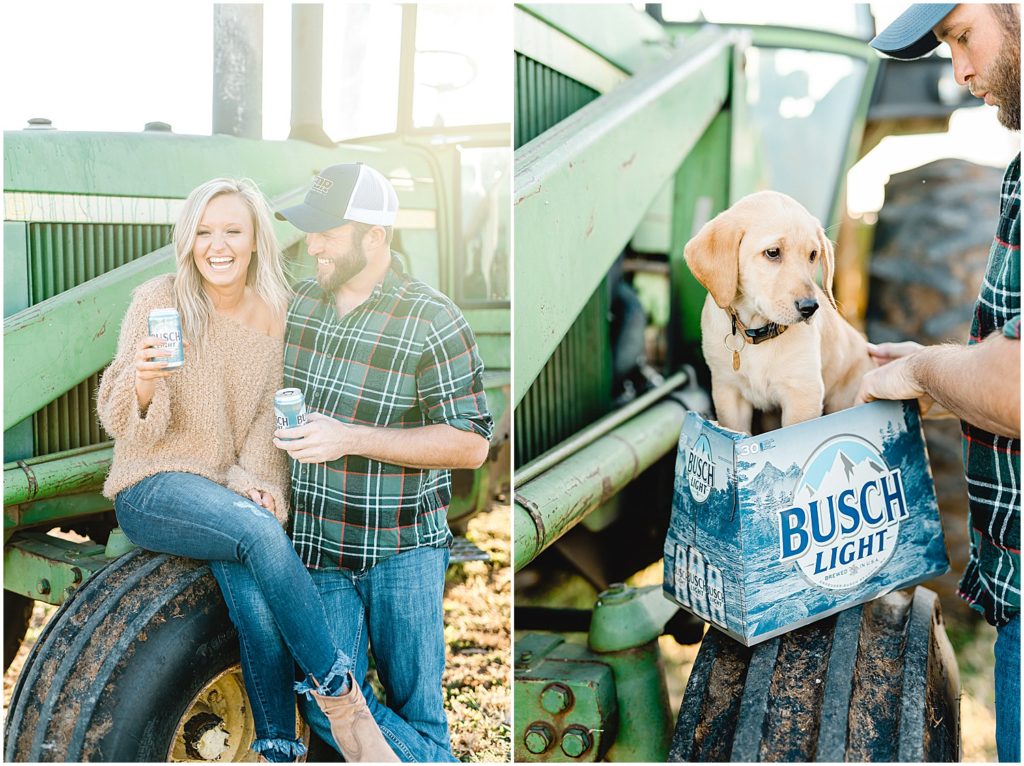 engaged couple laughs while drinking beer on green tractor during engagement session on missouri farm