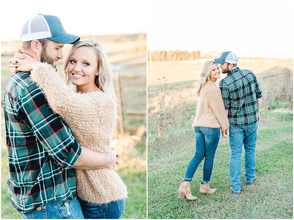 couple holds each other during engagement session on farm