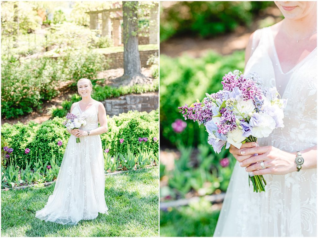 bride with purple and white bouquet during wedding portraits outside missouri governor's garden