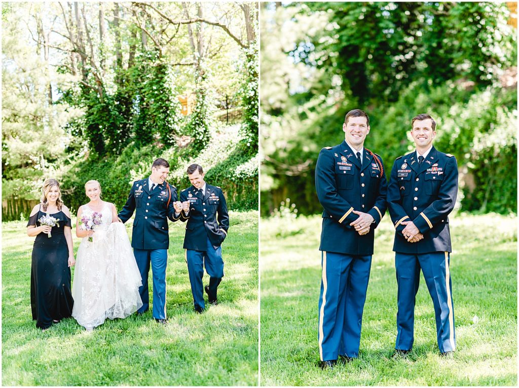 groom and brother in military uniforms during wedding portraits