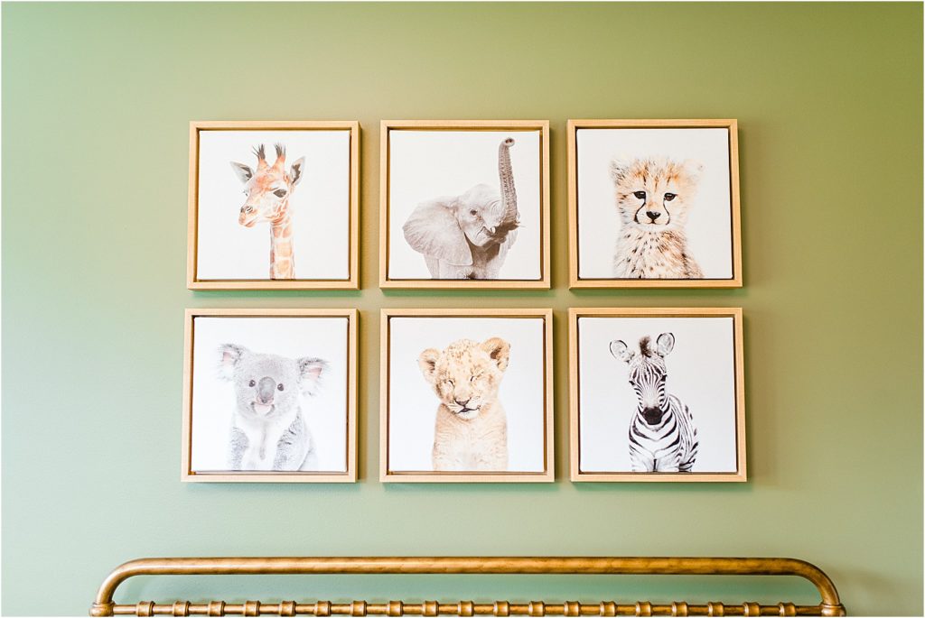 baby safari animal prints hanging on wall