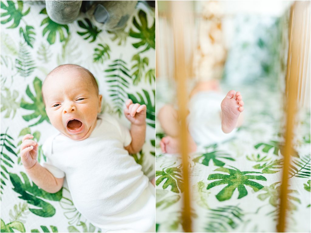 newborn baby yawns on safari themed crib sheet