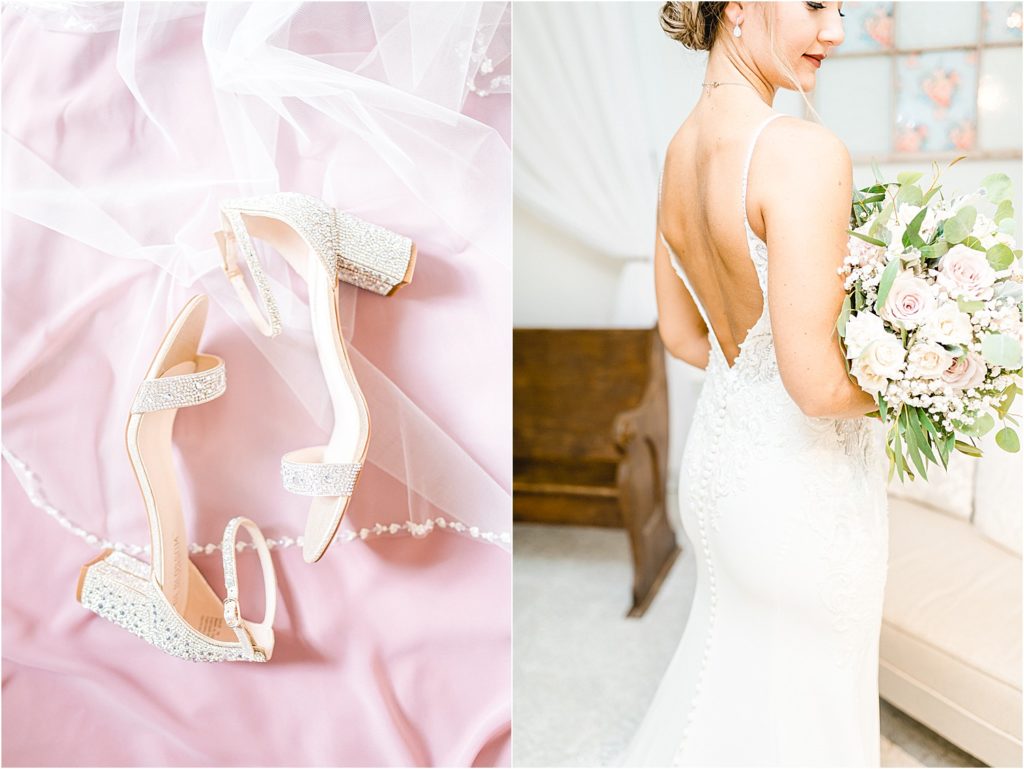jewel studded wedding shoes on pink fabric 