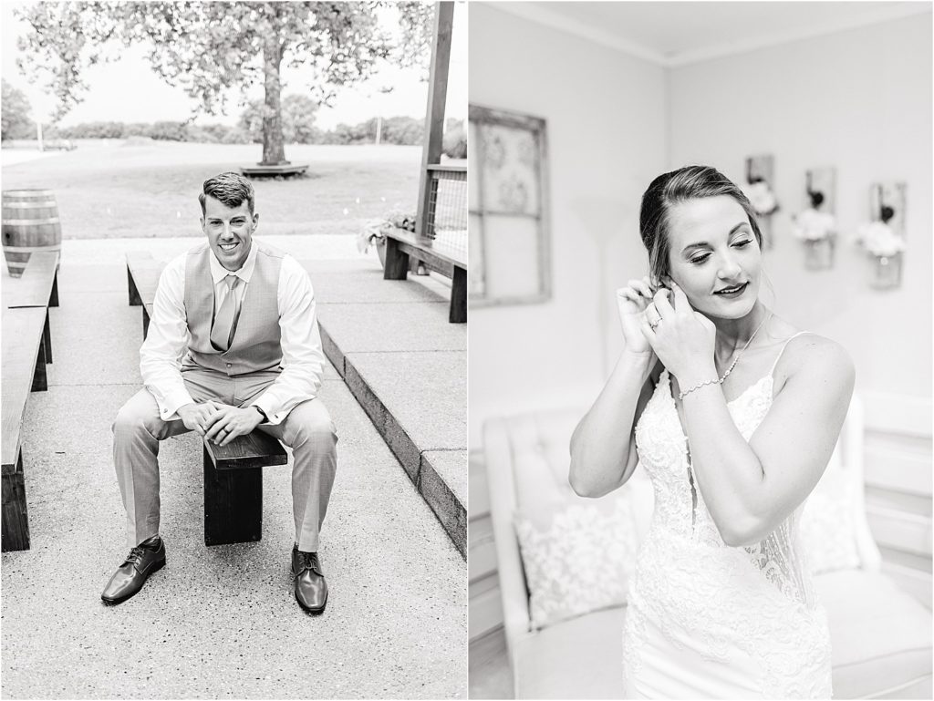 black and white image of bride and groom getting ready