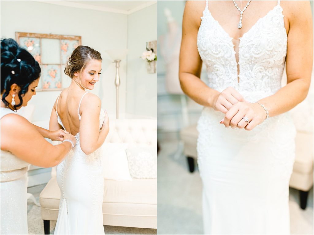 bride adjusts diamond bracelet while wearing wedding gown