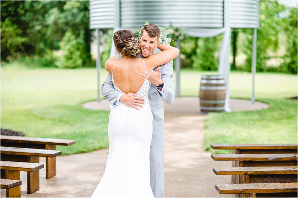 first look between bride and groom at sweet clover farms wedding