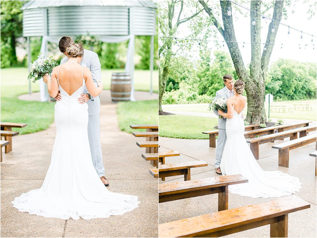 first look between bride and groom at sweet clover farms wedding